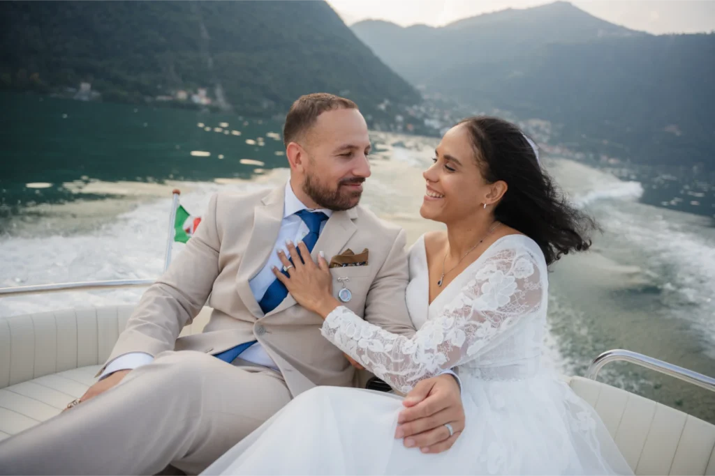 newlyweds celebrating their wedding day on lake como