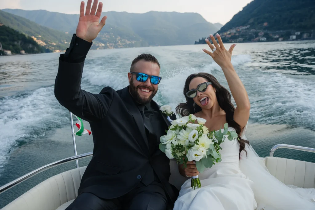 newlyweds celebrating their wedding day on lake como