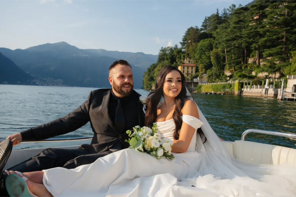 newlyweds celebrating their wedding day on lake como