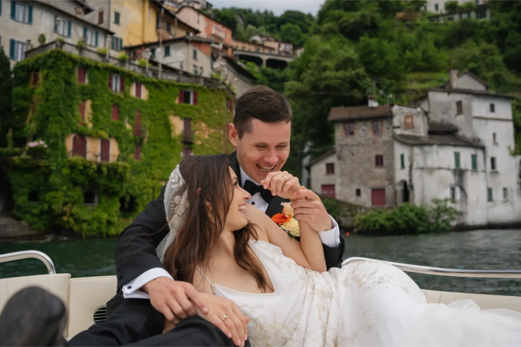 newlyweds celebrating their wedding day on lake como