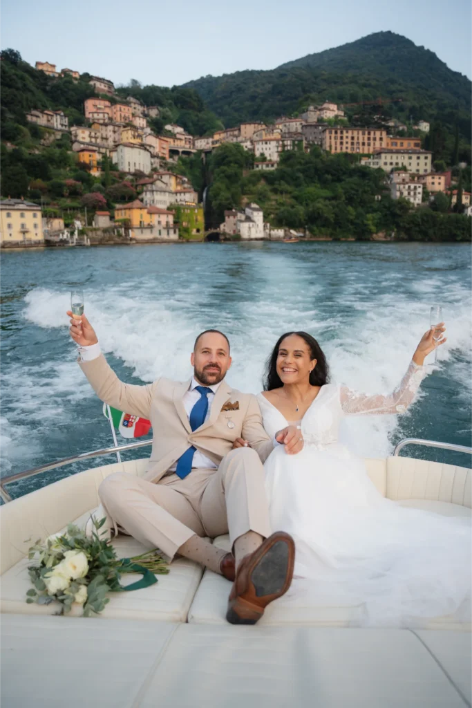 newlyweds celebrating their wedding day on lake como